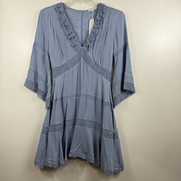 Cottagecore Baltic Born New Blue Mini Dress Medium Lace Trim Flared Sleeve - Picture 16 of 16